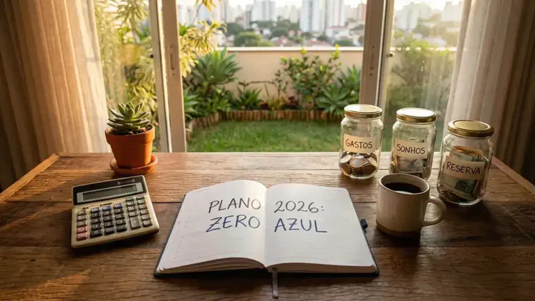 Mesa de escritório organizada com caderno de planejamento financeiro, calculadora e potes de economia, ilustrando como organizar a vida financeira em 2026.