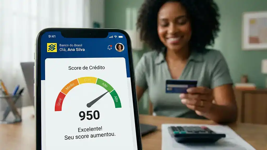Tela de celular mostrando Score de Crédito alto na cor verde, simbolizando como aumentar o Score Serasa com sucesso.