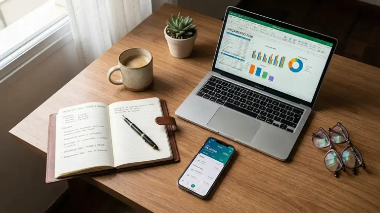 Mesa de trabalho organizada com notebook, caderno e celular sendo usados para montar o Planejamento Financeiro 2026