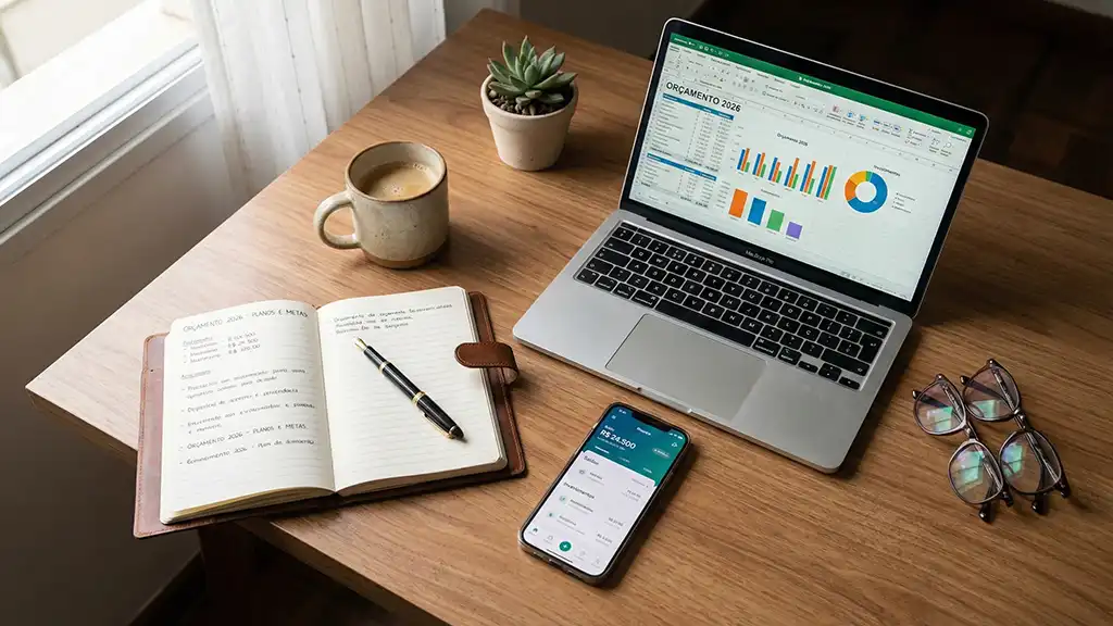 Mesa de trabalho organizada com notebook, caderno e celular sendo usados para montar o Planejamento Financeiro 2026