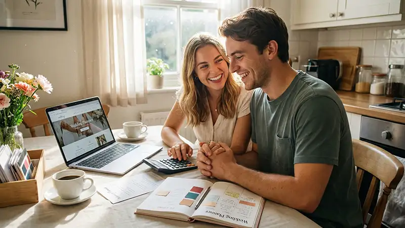 Casal feliz organizando as finanças do casamento com calculadora e planejador
