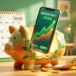Cofrinho em formato de porquinho sendo substituído por aplicativo de investimento no celular para o desafio anual 2026