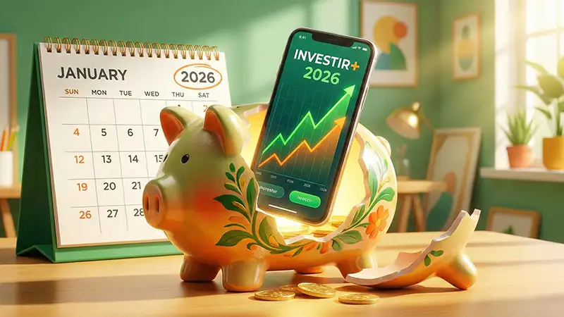 Cofrinho em formato de porquinho sendo substituído por aplicativo de investimento no celular para o desafio anual 2026