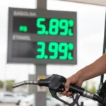 Infográfico comparativo entre gasolina ou álcool em um posto de combustível brasileiro.