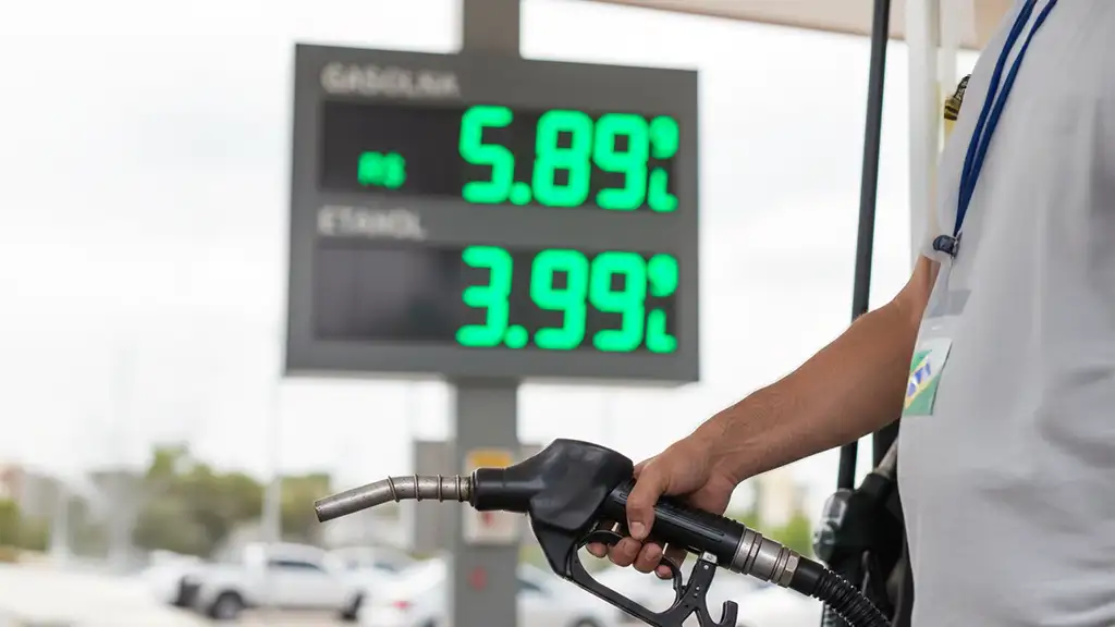 Infográfico comparativo entre gasolina ou álcool em um posto de combustível brasileiro.