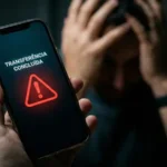 Pessoa preocupada segurando celular após fazer um PIX errado, com aviso de erro na tela