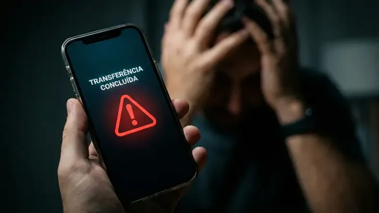 Pessoa preocupada segurando celular após fazer um PIX errado, com aviso de erro na tela