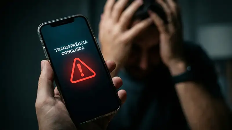 Pessoa preocupada segurando celular após fazer um PIX errado, com aviso de erro na tela