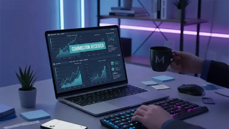 Laptop exibindo gráficos de vendas de afiliado, representando trabalho de renda extra sem aparecer