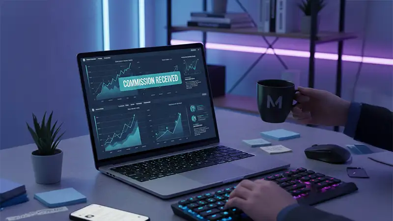 Laptop exibindo gráficos de vendas de afiliado, representando trabalho de renda extra sem aparecer