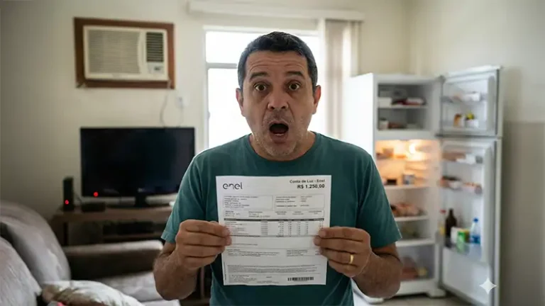 Pessoa assustada segurando conta de luz alta com eletrodomésticos ligados ao fundo