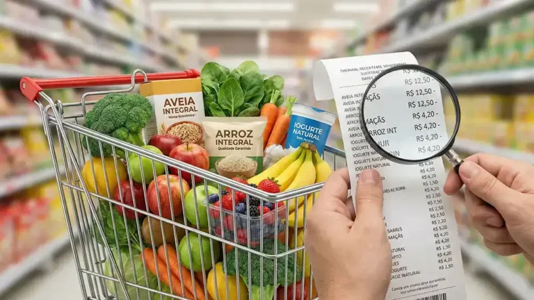 Carrinho de compras com produtos saudáveis e lupa analisando a nota fiscal, ilustrando como economizar no supermercado com inteligência.