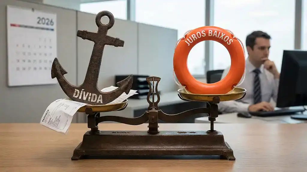 Balança simbolizando o equilíbrio entre o risco e o benefício do empréstimo consignado para trabalhadores CLT em 2026.